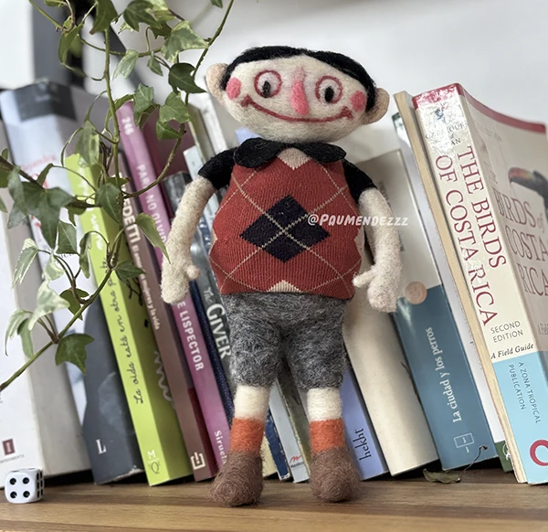 Felt doll wearing a red diamond-pattern vest, among books