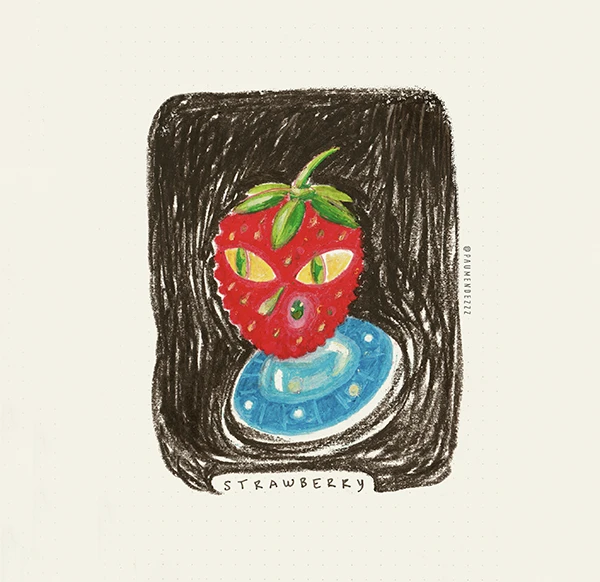 Strawberry with eyes on a flying saucer, striped black background