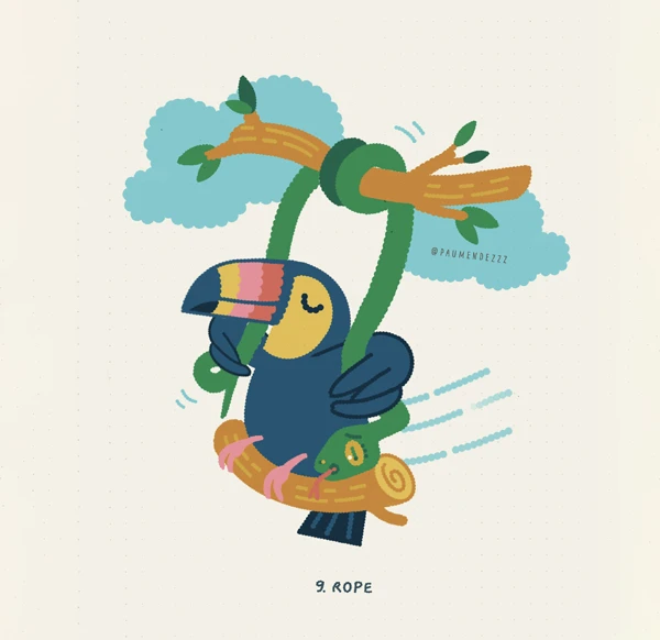 Toucan hanging from a branch with leaves and clouds
