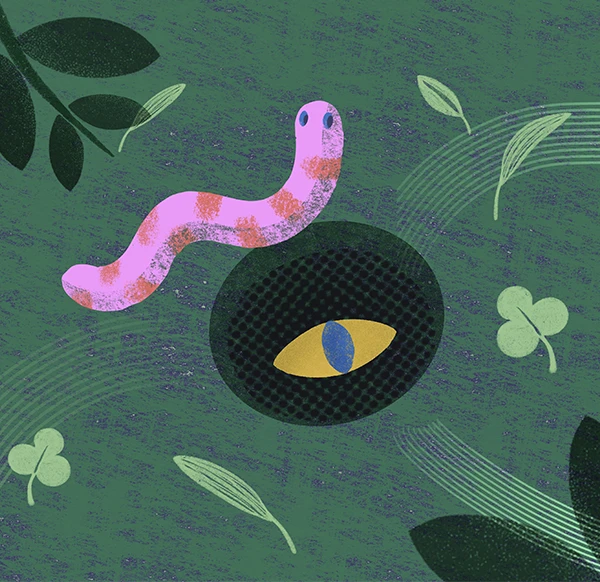 Pink worm peeking out of a hole on a green background