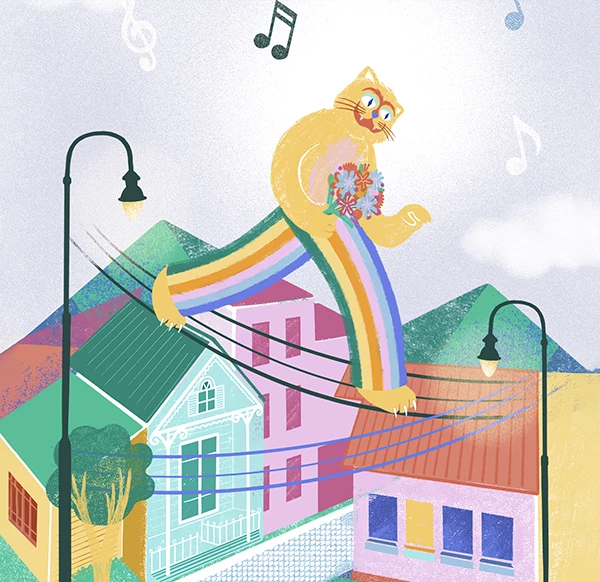 Cat walking on power lines with a rainbow