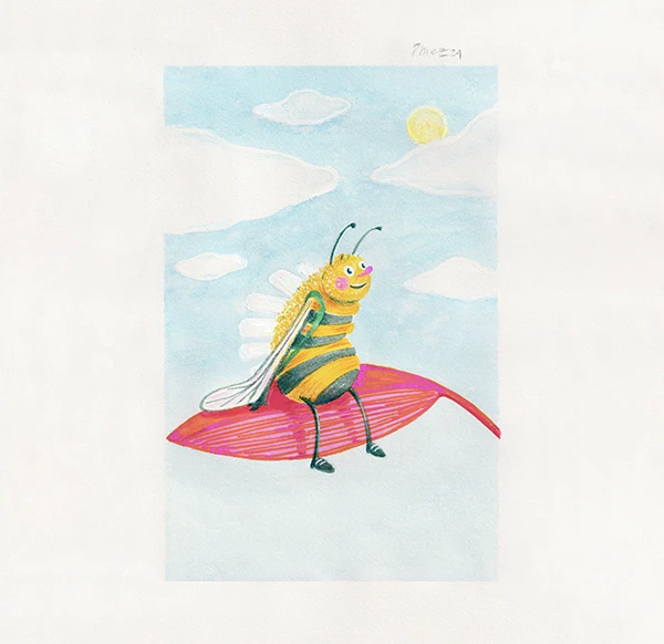 Bee riding a flying leaf in the sky