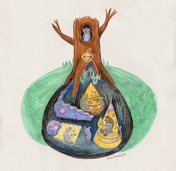 Tree with an underground burrow full of animals