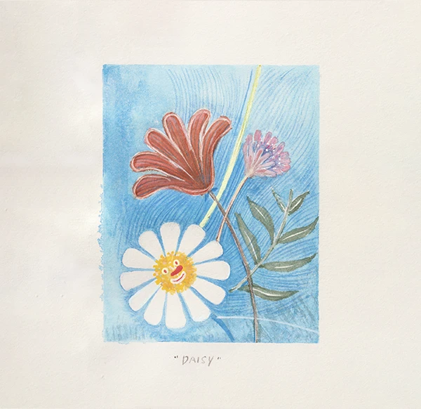 Daisy and flowers printed in shades of blue