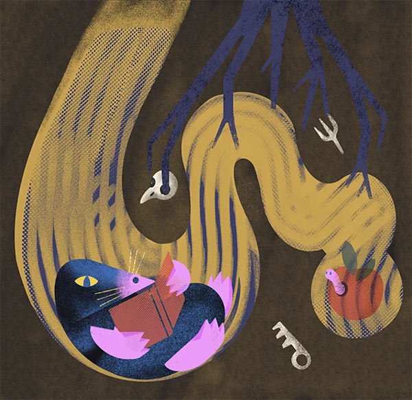 Cat and bird inside a golden shape on a brown background