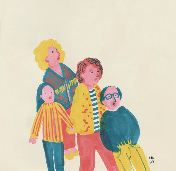 Family portrait painted in gouache with pink and yellow colors