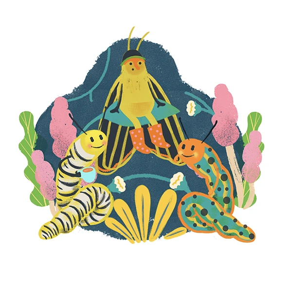 Yellow creatures and caterpillars among plants and flowers