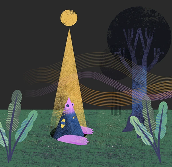 Hooded figure facing a cone of golden light at night