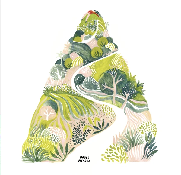Mountain painted in watercolor with greens and pinks