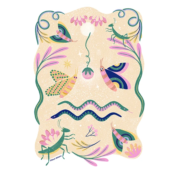 Composition with mantis, eyes and leaves in pink and blue