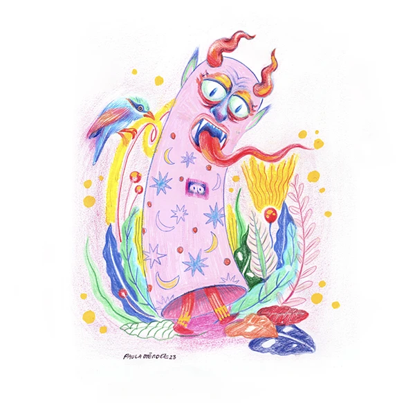 Pink masquerade creature surrounded by colorful shapes