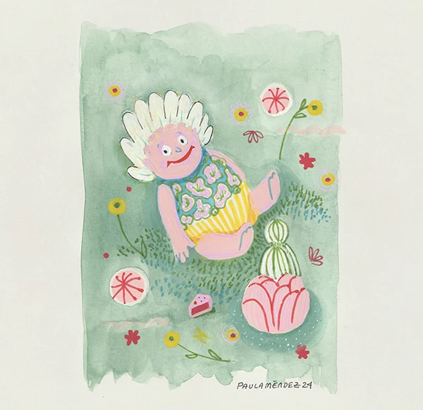 Character sitting among flowers eating cake, painted in watercolor