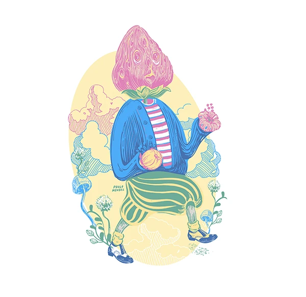 Character with a strawberry head among leaves and flowers