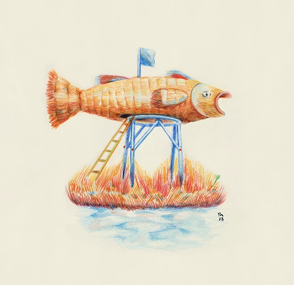 Giant fish on a lookout tower, drawn in colored pencil