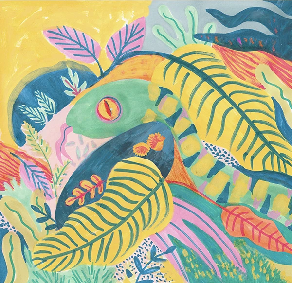 Snake with one eye among yellow and blue leaves
