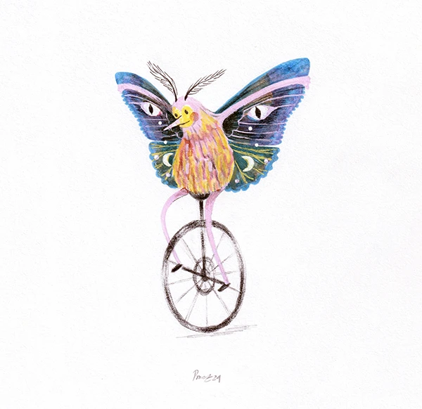 Moth with eye-patterned wings riding a unicycle