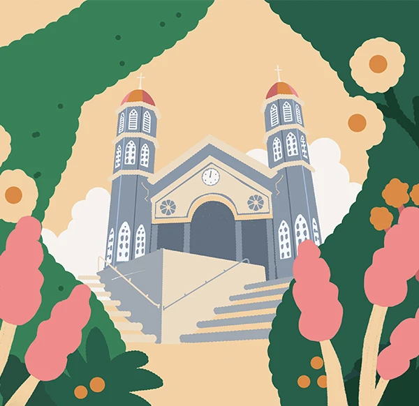 Zarcero church among pink and green topiaries
